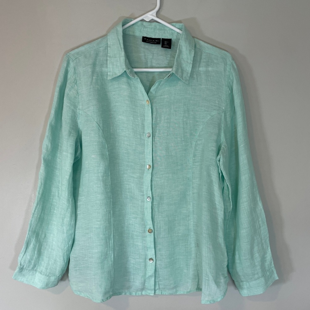Tahari Women Turquoise Linen Button Down Long Sleeve Shirt Size L Coastal Beachy